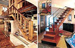 Лестница на зубчатом косоуре (фото слева) Комбинированная деревянная лестница со стеклянными вставками вместо перил (фото справа)
